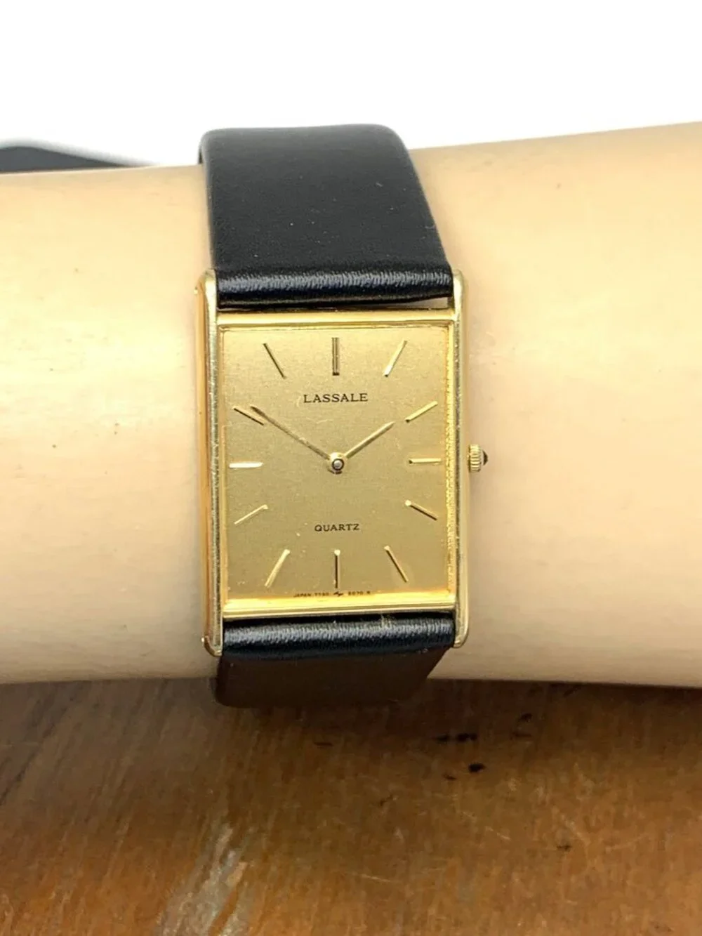 Lassale By Seiko Watch 7730-5059 Quartz Tank Gold Dial Black Leather Strap 23mm